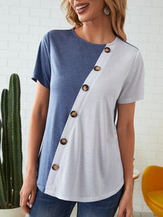 Button Front Colorblock Tee | EMERY ROSE Color Block Tee, Women's Outfits By Occasions, Women T Shirts, Trendy Fashion Women, White Casual, Women Tops, Summer Women, Womens Tees, Color Blocking