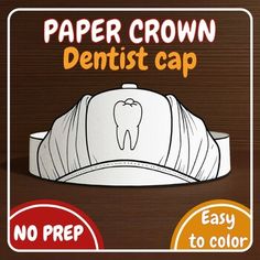 the paper crown dentist cap is white and has an image of a tooth on it