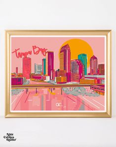 an art print of the tampa skyline in pink and yellow