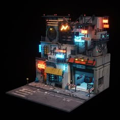 a model of a building with neon lights