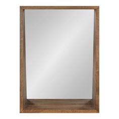 a wooden framed mirror on a white background