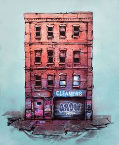 a painting of a building with graffiti on it's side and the words cleaners above