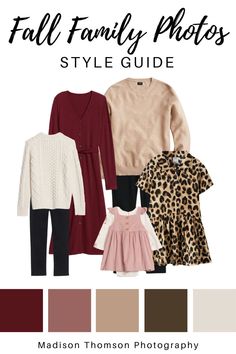 the fall family photos style guide for moms and daughter's outfits, including sweaters