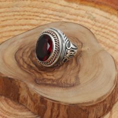 Red Garnet Stone Silver Men Ring | Boutique Ottoman Exclusive Hand Engraved Rings, Ottoman Jewelry, Silver Men Ring, Men Rings, Men Ring, Amber Stone, Ring Crafts, Garnet Stone, Exclusive Jewelry