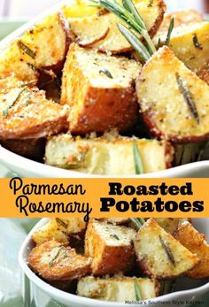 roasted rosemary potatoes in white bowls with rosemary sprigs on top and text overlay