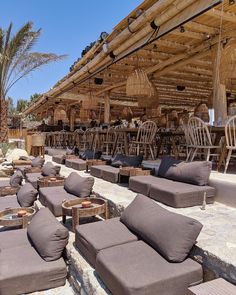 lounge chairs and tables are lined up outside