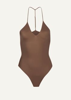 Bella Halter One Piece - Earth - house of lolo Fitted Strappy Bodysuit For Poolside, Nylon Straps Bodysuit For Beachwear, Fitted T-back Bodysuit With Straps, Backless Camisole For Beach, Strappy Beachwear Bodysuit With Lined Body, Summer Strappy Bodysuit With Lined Body, Strappy Lined Bodysuit For Beachwear, Strappy Beachwear Bodysuit, Strappy Lined Bodysuit For Summer