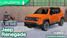 an orange jeep is parked in front of a brick wall, with a man sitting on a bench next to it