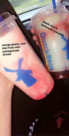 two drinks in plastic cups with blue arrows on them