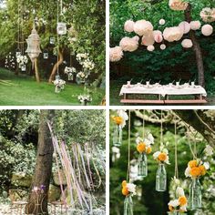 four different pictures with flowers and decorations hanging from the trees, in various stages of being decorated