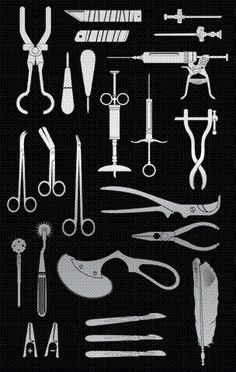 a black and white poster with scissors, pliers, shears and other items