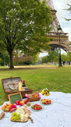 a picnic table with food and wine in front of the eiffel tower, paris