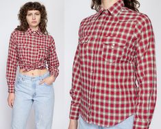 "Vintage 70s western pearl snap shirt in a unique red, green, and white plaid, with lines of embroidered thread that give it texture. Measurements and Condition: Fits like: Women's medium (has a slightly petite fit) Fabric: Feels like cotton/poly Brand: Rockmount Ranch Wear, made in USA Condition: Excellent Length: 25\" in front, 26\" in back Chest: 39\" Waist: 36\" Shoulders (seam to seam): 14\" Sleeve: 24\" Shown on a 5'8\" model with measurements of 34\"-26\"-37\", usually wears a size small. See our FAQ for more info on sizing and condition ratings." Western Style Red Tops For Spring, Western Red Tops For Spring, Western Plaid Tops For Ranch, Red Western Style Tops For Ranch, Spring Western Red Tops, Vintage Red Tops For Rodeo, Fitted Plaid Western Tops, Fitted Western Plaid Tops, Ranch Wear