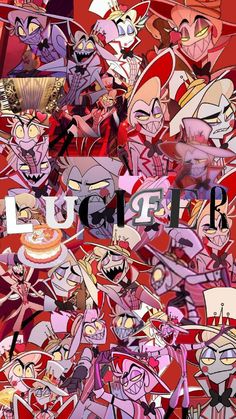 an image of many cartoon characters with the word laugh on them in front of red background