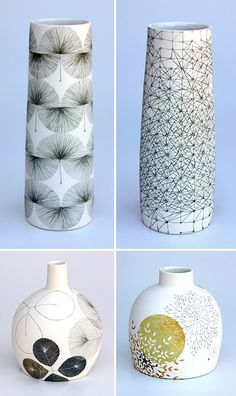 four different vases with designs on them are shown in three separate images, one is white and the other is black