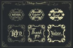 vintage ornaments and frames with the words retro thank you written in gold on a black background