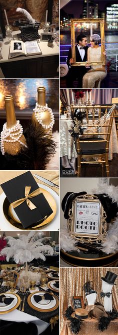 a collage of photos with black and gold decorations