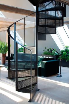 a spiral staircase in the middle of a living room with potted plants on either side