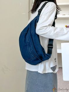 BirdinBag - Stylish Denim Shoulder Crossbody Chest Bag - Functional and Spacious Denim Crossbody Shoulder Bag For School, Denim Crossbody School Bag, Casual Bags With Adjustable Strap In Dark Wash, Casual Dark Wash Bag With Adjustable Strap, School Denim Bag With Zipper Pocket, Casual Denim Shoulder Bag For Errands, Everyday Denim Backpack, Casual Blue Chest Bag With Pockets, Oversized Pattern