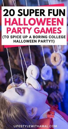 a group of kids hanging donuts on strings with text overlay that reads 20 super fun halloween party games to spice up a boring college halloween party