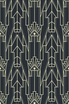 an art deco style pattern with lines and shapes on a black background, in shades of beige