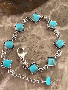 "*Brand New * Handmade item *925 Sterling silver * Gemstone: Kingman Turquoise * Link and Chain Turquoise Bracelet *Bracelet length :7\"+1\" Extensions *Free gift box *Free shipping in USA *Ready to ship *Thank you for looking and check out more items in my Etsy shop for more great items and deals! *Https://www.etsy.come/shop/abq925" Southwestern Style Adjustable Rectangular Jewelry, Nickel Free Turquoise Rectangular Jewelry, Handmade Rectangular Turquoise Bracelets, Adjustable Square Turquoise Jewelry, Bohemian Turquoise Rectangular Jewelry, Handmade Square Turquoise Jewelry, Design Bracelet, Kingman Turquoise, Turquoise Jewelry