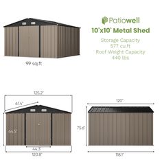 the 10'x10'metal shed is shown in three different sizes and widths