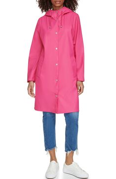 Durable and versatile, this hooded rain jacket features a drawstring hood, covered zipper placket and welt pockets to keep your hands warm and dry. 38 1/2" length Drawstring hood Water-resistant 100% polyurethane Machine wash, tumble dry Imported Rains Long Jacket, Zipper Placket, Pink Peacock, Hooded Rain Jacket, Welt Pockets, Hand Warmers, Welt Pocket, Rain Jacket, Levi's