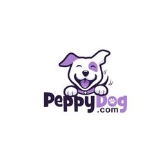 the logo for peppy dog com is purple and has a smiling dog on it's chest