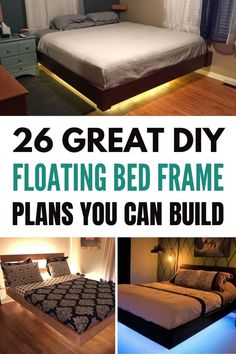 there is a bed with lights on it and the words 26 great diy floating bed frame plans you can build