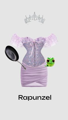 a woman in a corset with a frying pan and a frog wearing a tiara