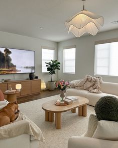 a living room filled with furniture and a large flat screen tv mounted on the wall