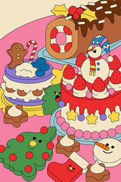 an image of a cartoon cake with frosting and decorations on the top, surrounded by other cakes