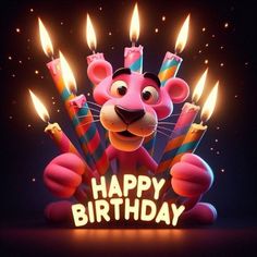 a happy birthday card with candles in the shape of a rat