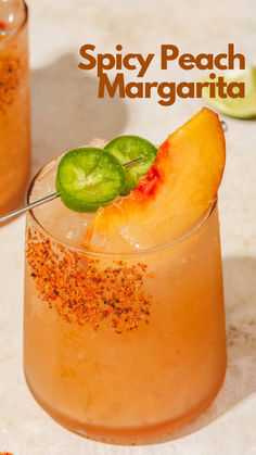 Spicy Peach Margarita Latin Drinks, Booze Recipes, Peach Margaritas, Cocktail Recipes Tequila, Cocktail Recipes For A Crowd, 5 Oclock, Peach Margarita, Spicy Cocktail