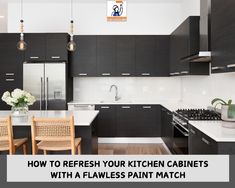 a modern kitchen with black cabinets and white counter tops is featured in the article how to refresh your kitchen cabinets with a flat panel match