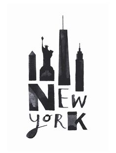 the new york skyline is shown in black and white, with the words new york on it