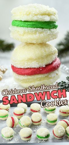 christmas shortbread sandwich cookies stacked on top of each other