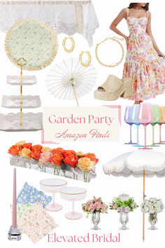 a collage of different items including umbrellas, flowers and other things to wear