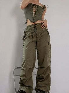 Ruched Vintage Baggy Cargo Pants - AnotherChill Style Inspiration Trendy, Character Dnd, Tattoo Character, Cargo Pants Green, Wild Magic, High Waisted Cargo Pants, Black Thigh High Boots, Magic Tattoo, Street Y2k