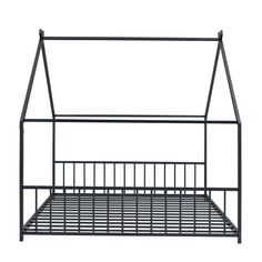 a black metal bed frame with a white background