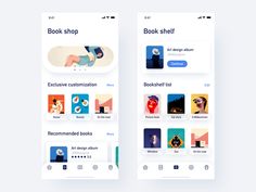 two mobile screens showing different bookshelf pages