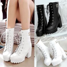 Color:black,white,    Size+here：  eu34=220mm/+4.5+is+for+Foot+Length:22+cm/8.65in  4.5+B(M)+US+Women/3+D(M)+US+Men+=+EU+size+35+=+Shoes+length+225mm+Fit+foot+length+225mm/8.8in+  5.5+B(M)+US+Women/4+D(M)+US+Men+=+EU+size+36+=+Shoes+length+230mm+Fit+foot+length+230mm/9.0in+  6.5+B(M)+US+Women/4.5+... Harajuku Boots, White Lace Up Boots, White Boots, Martin Boots, Pretty Shoes, Harajuku Fashion