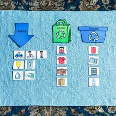 a blue towel with pictures on it and an arrow pointing to the left, in front of