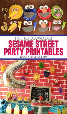 sesame street party printables are on display in front of a red brick wall