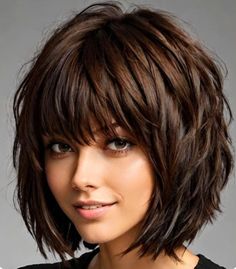 Messy Shoulder Length Hair With Bangs, Medium Length Haircut Choppy Layers, Butterfly Bob Haircut Medium, Bob With Bangs Thick Hair, Hair Cuts For 2024, Low Maintenance Shag Haircut, Short Straight Hairstyles With Bangs, Womens Shag Haircut