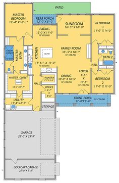 the first floor plan for a home with two master suites and an attached living area