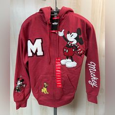 Disney - Mickey And Friends Zip Hoodie Jacket. Embroidered Characters. Light Red Color. New With Tag. Size Extra-Small. Mickey Mouse Hoodie Top For Winter, Mickey Mouse Hoodie For Winter, Mickey Mouse Winter Hoodie Top, Winter Mickey Mouse Hoodie Top, Mickey Mouse Hooded Tops For Winter, Winter Mickey Mouse Hooded Top, Disney Hoodie For Winter, Disney Hoodie With Drawstring Hood For Winter, Disney Winter Hoodie