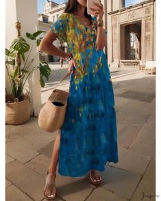 Casual Printed V-neck Maxi Dress, Flowy Long Casual Maxi Dress, Casual Non-stretch Short Sleeve Maxi Dress, Casual Non-stretch Maxi Dress With Short Sleeves, Casual Relaxed Fit Maxi Dress, Casual Multicolor Non-stretch Maxi Dress, Casual Short Sleeve Maxi Dress For Day Out, Casual Maxi Dress With Relaxed Fit For Day Out, Casual Relaxed Fit Maxi Dress For Spring