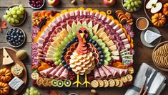 a turkey shaped platter is surrounded by many different types of snacks and fruit on the table